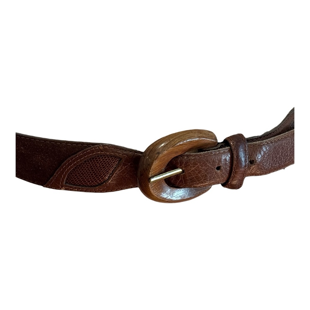 VTG LIZ CLAIBORNE BROWN 1.5" WIDE LEATHER & SUEDE BELT W A WOODEN BUCKLE SZ L - Picture 5 of 10